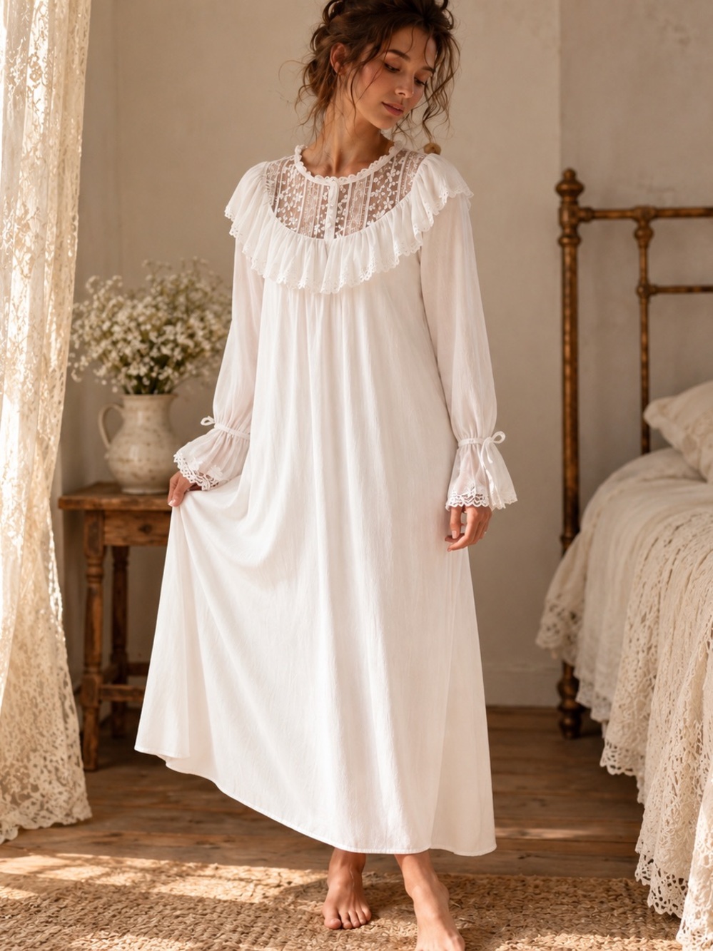MUCARLAR Cottagecore Lace Nightgown Prairie Midi Dress